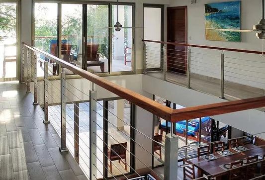 Rothnow wire cable railing RNWR05 for staircase, black steel guardrail with sleek cable design, custom-sized for modern staircases.
