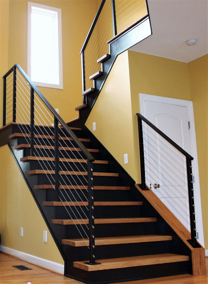 Black Rothnow Wire Cable Railing RNWR07 for staircase, custom-sized, sturdy steel guardrail with sleek cable design.