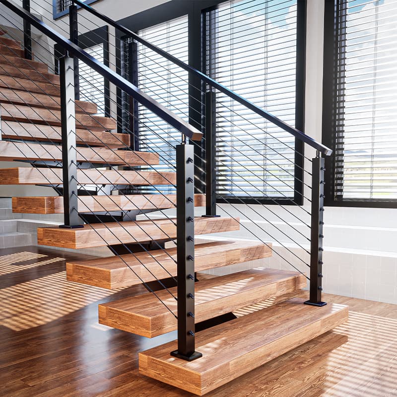 Rothnow Wire Cable Railing RNWR07 on staircase, black metal railing with horizontal cables for modern safety and style.