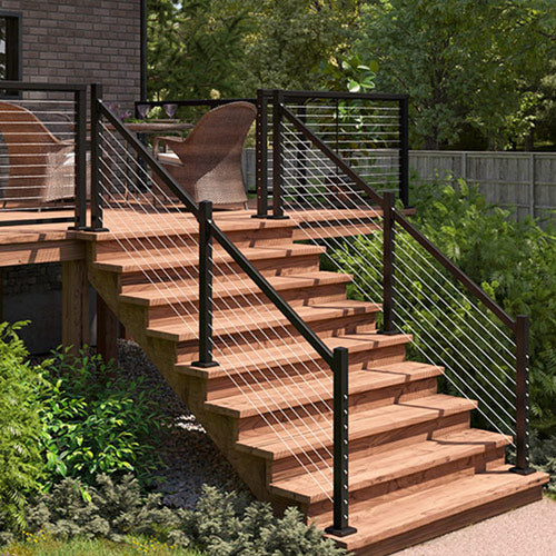 Rothnow® wire cable staircase railing in black, custom-sized steel guardrail with sleek cable design for modern stair safety.