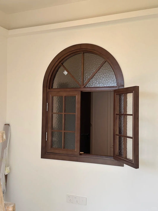 Rothnow® wooden casement window with round-head design, black finish, customized size, suitable for elegant home or office interiors.