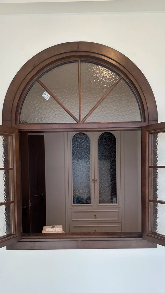 Rothnow wooden window RNWW01 with round-head casement design, black finish, showcasing the window frame and glass pane.