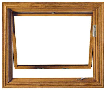 Rothnow® wooden awning window with black frame, custom size, showing the window's exterior view and hinged opening design.