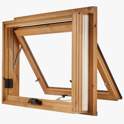 Rothnow® Wooden Awning Window with black frame, customized size, featuring clear glass and traditional window design.