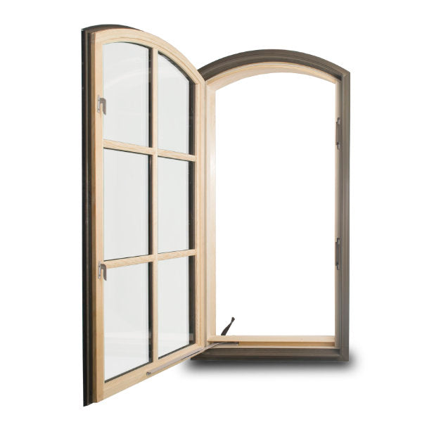 Rothnow® wooden casement window with round-head design, black finish, custom size, showcasing its elegant craftsmanship.