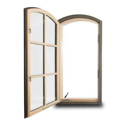 Rothnow® wooden casement window with round-head design, black finish, custom size, showcasing its elegant craftsmanship.
