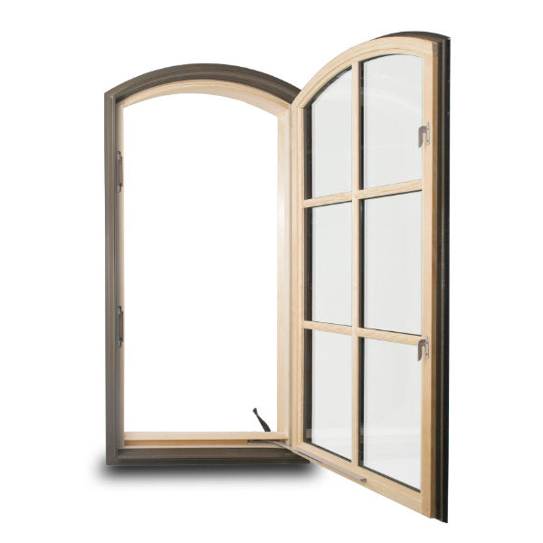 Rothnow wooden casement window with round-head design, black finish, custom size, showing the frame and glass details.