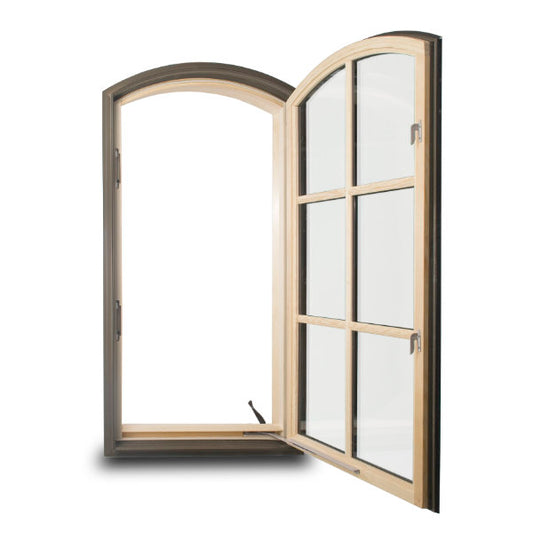 Rothnow wooden casement window with round-head design, black finish, custom size, showing the frame and glass details.