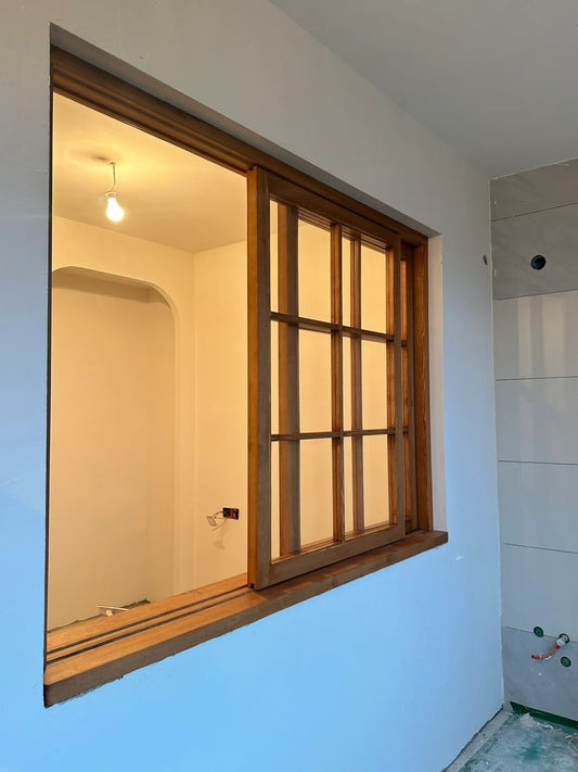 Rothnow wooden sliding window with black frame, custom size, featuring clear glass and sleek design for modern interiors.