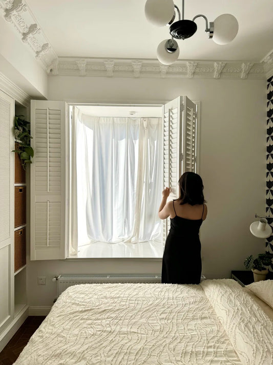Rothnow® wooden window with solid wood shutter, customized size, black finish, featuring classic slatted design.