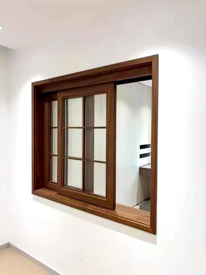 Black Rothnow wooden sliding window with customized size, featuring clear glass panes and a sleek, modern frame design.