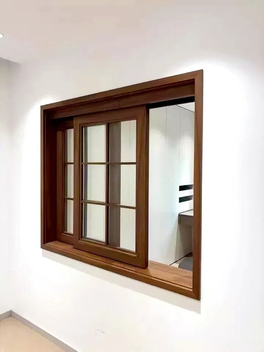 Black Rothnow wooden sliding window with customized size, featuring clear glass panes and a sleek, modern frame design.