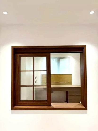 Rothnow® wooden sliding window with black finish, custom-sized, featuring clear glass panes and a sleek frame design.