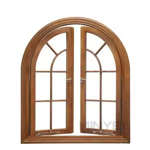 Rothnow Wooden Casement Window with round head, black finish, custom size, featuring clear glass and wooden frame.