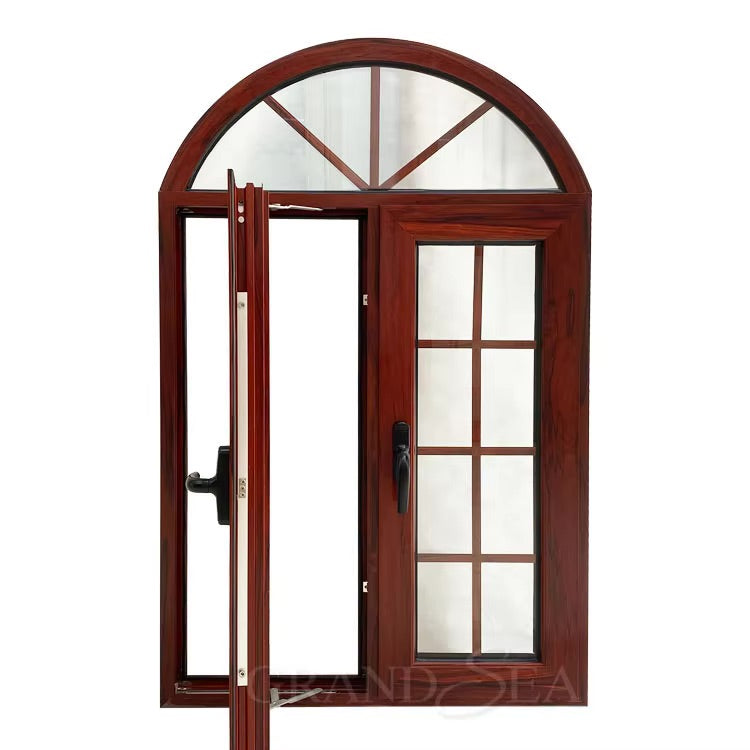 Rothnow wooden casement window with round-head design in black, showing the customized size and classic window frame.