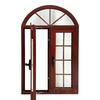 Rothnow wooden casement window with round-head design in black, showing the customized size and classic window frame.