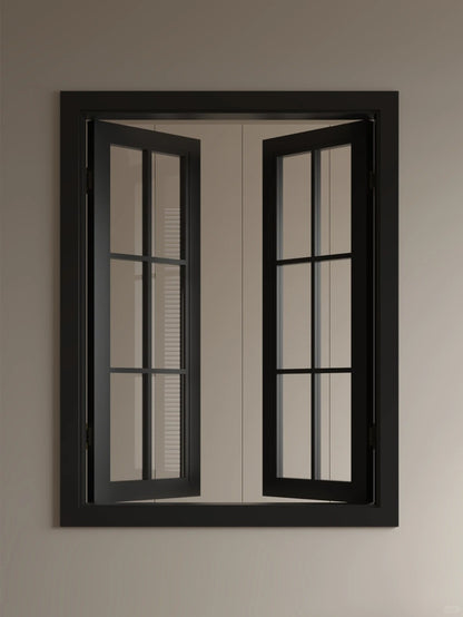 Rothnow® wooden casement window with black frame, custom size, featuring clear glass and traditional window design.
