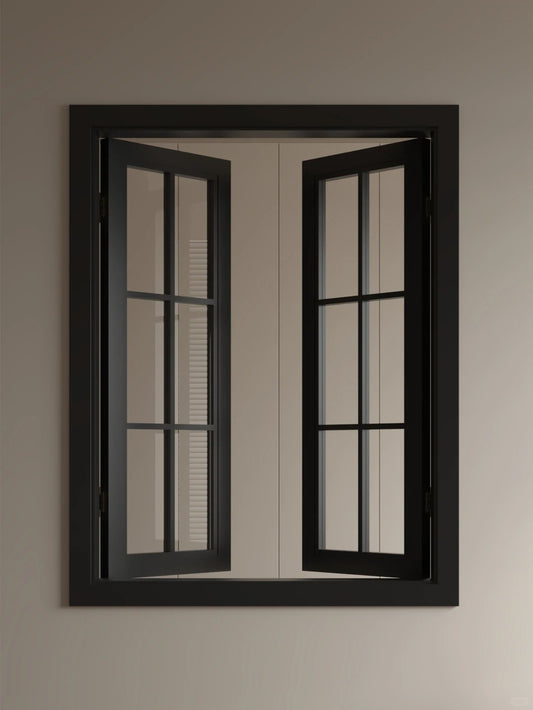 Rothnow® wooden casement window with black frame, custom size, featuring clear glass and traditional window design.
