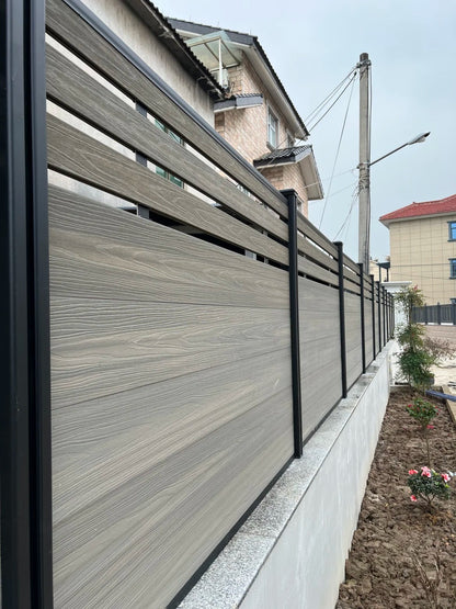 Black Rothnow WPC fence with customized size, showcasing durable wood-plastic composite material and secure fencing design.