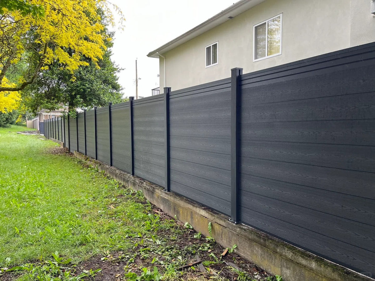 Black Rothnow WPC fence RNWF07, custom-sized wooden plastic composite barrier with durable, modern design for outdoor fencing.