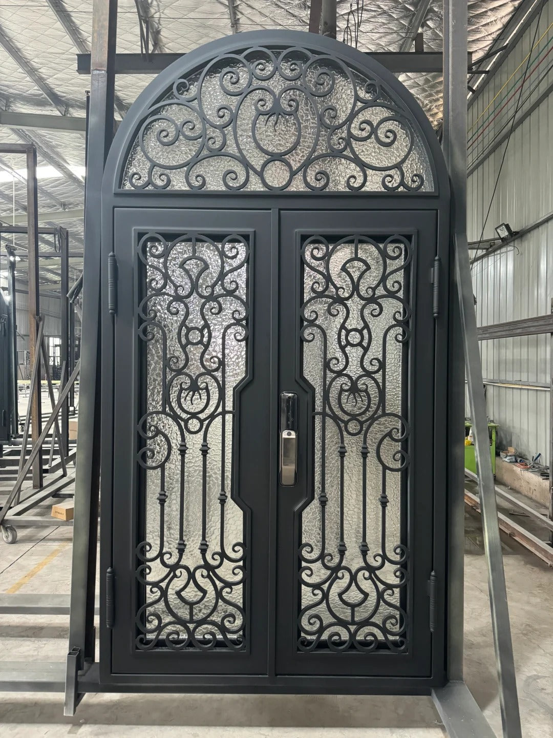 Black Rothnow wrought iron entrance door with custom size, decorative ironwork, and sturdy frame for front entry.