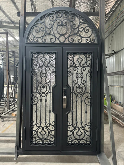 Black Rothnow wrought iron entrance door with custom size, decorative ironwork, and sturdy frame for front entry.
