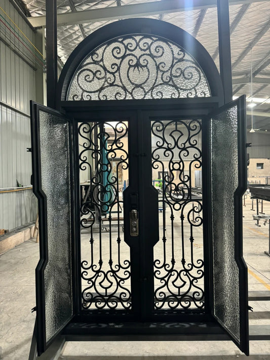Black Rothnow wrought iron entrance door with decorative grill design, customized size for front entryway.