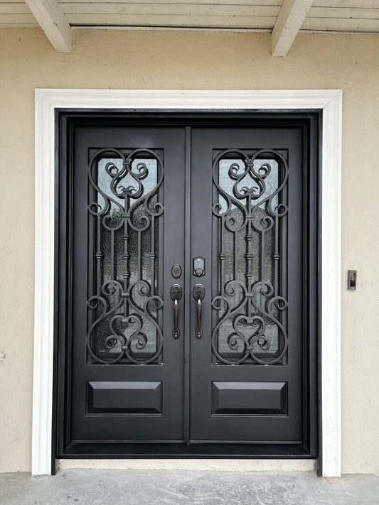 Black Rothnow wrought iron entrance door with custom size, decorative ironwork, and sturdy front door design.