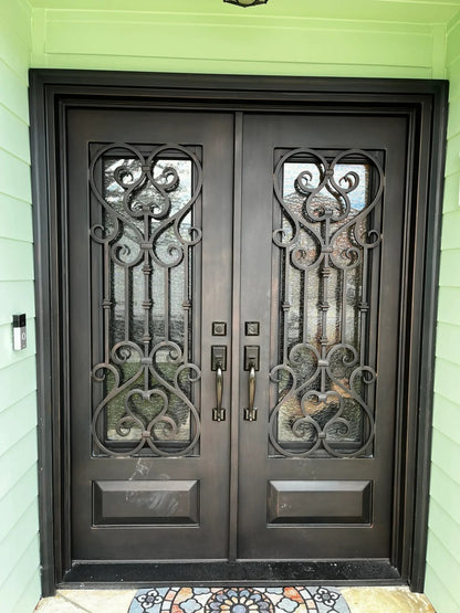 Black Rothnow wrought iron entrance door with intricate design, customized size for a stylish front entryway.
