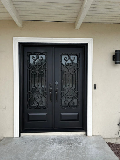 Black Rothnow wrought iron entrance door with intricate design, customized size, suitable for front entryways.