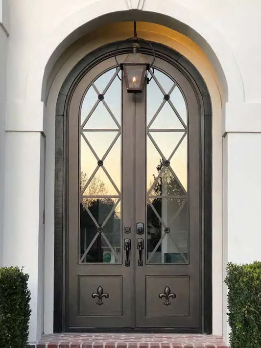 Black Rothnow wrought iron entrance door with decorative design, customized size, and sturdy metal construction for residential entry.