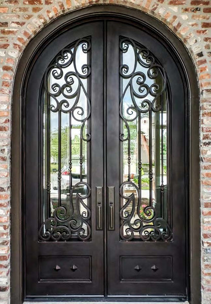 Black Rothnow wrought iron entrance door with decorative ironwork, customized size, and sturdy front entry design.