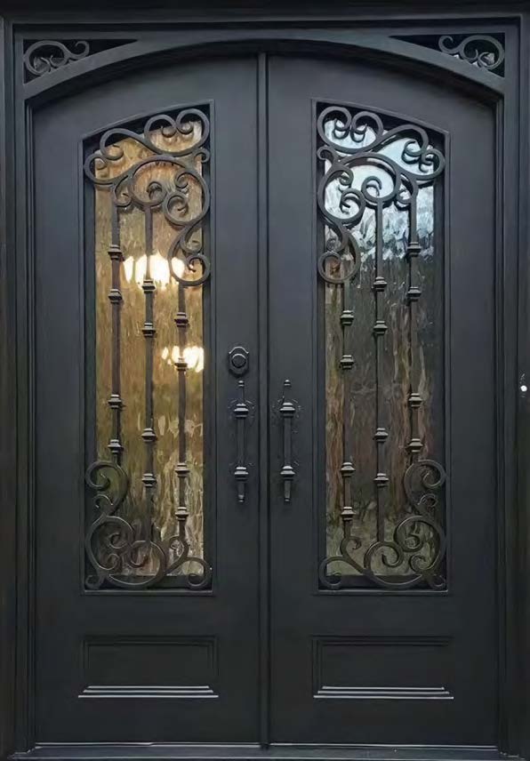 Black Rothnow wrought iron entrance door with intricate design, customized size, suitable for front entryway.