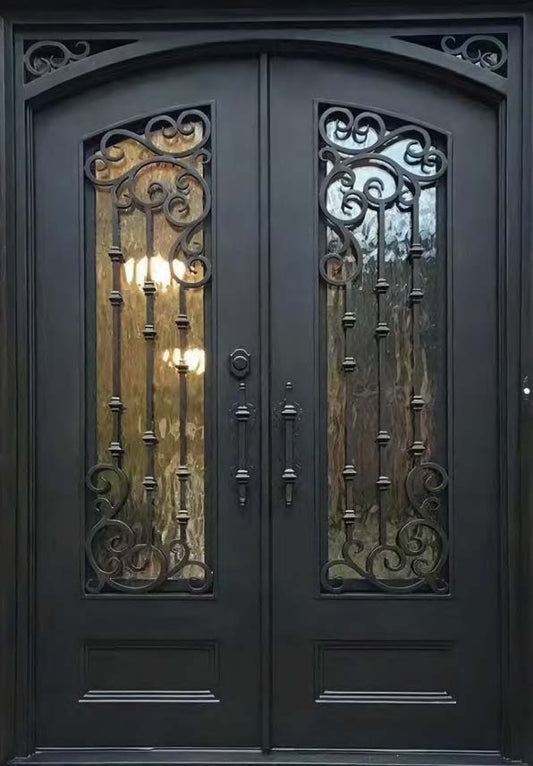 Black Rothnow wrought iron entrance door with intricate design, customized size, suitable for front entryway.