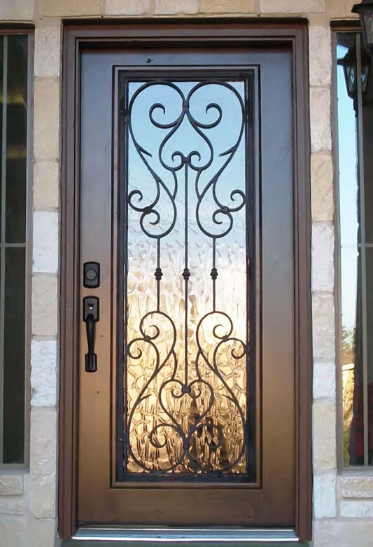 Black Rothnow wrought iron entrance door with custom size, featuring intricate ironwork design for a stylish front entry.