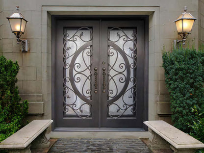Black Rothnow wrought iron entrance door with decorative design, customized size, and sturdy construction for stylish home entry.