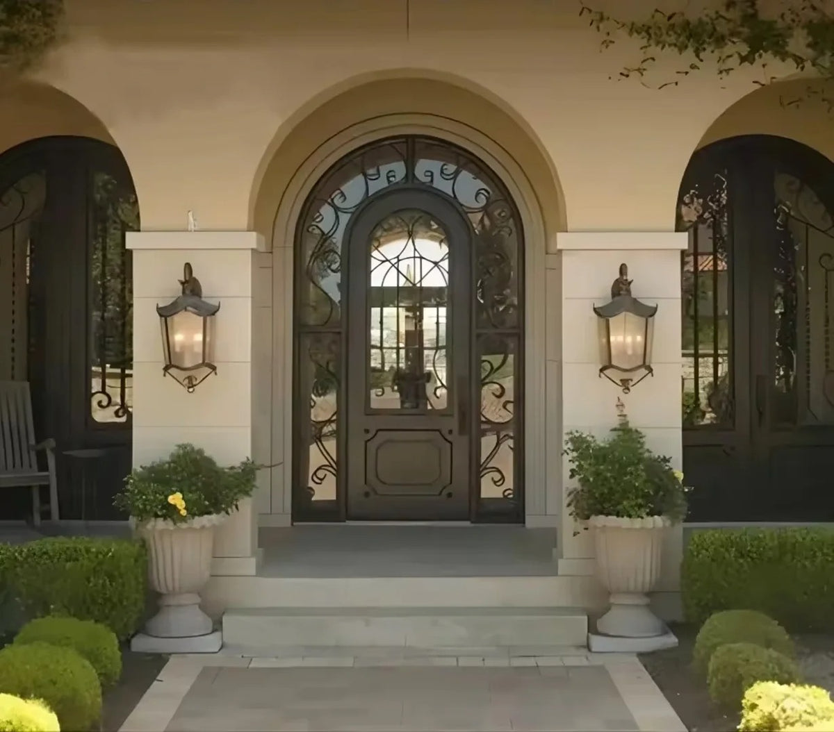 Black Rothnow wrought iron entrance door with custom size, featuring intricate ironwork and a sturdy front door design.