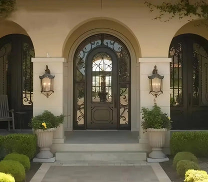 Black Rothnow wrought iron entrance door with custom size, featuring intricate ironwork and a sturdy front door design.