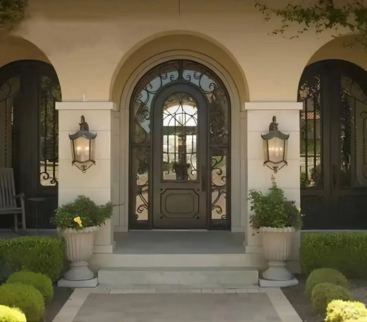 Black Rothnow wrought iron entrance door with custom size, featuring intricate ironwork and a sturdy front door design.