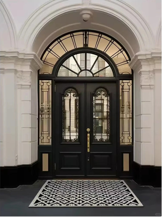 Black Rothnow wrought iron entrance door with intricate design, customized size, suitable for front entryways.