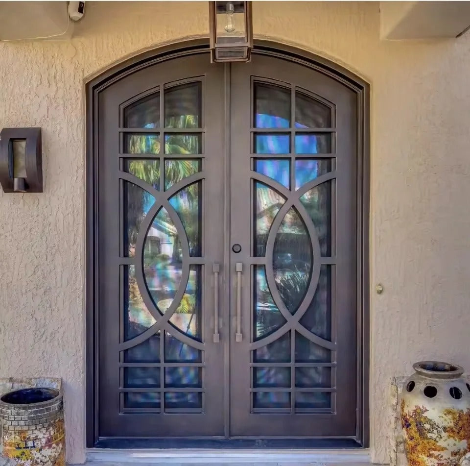 Black Rothnow wrought iron entrance door with custom size, featuring intricate ironwork and a sturdy front door design.