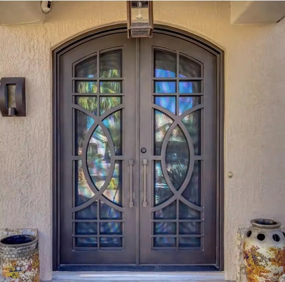 Black Rothnow wrought iron entrance door with custom size, featuring intricate ironwork and a sturdy front door design.
