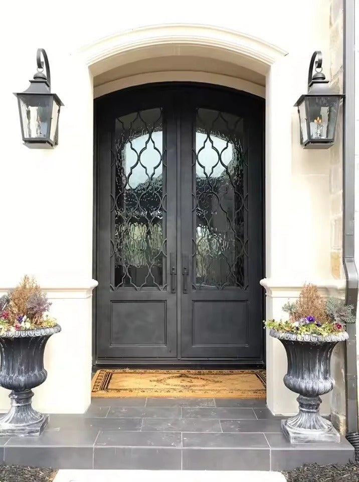 Black Rothnow wrought iron entrance door with customized size and intricate design for the front entrance.