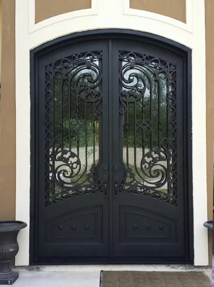Black Rothnow wrought iron entrance door with decorative ironwork, customized size, front door, durable and stylish for home entry.