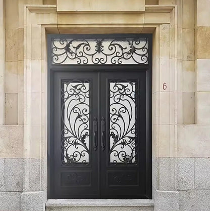 Black Rothnow wrought iron entrance door with customizable size and intricate design, suitable for a stylish front entryway.
