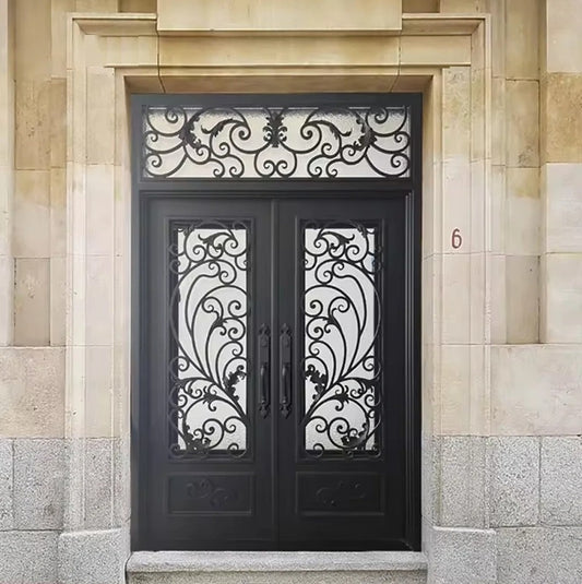 Black Rothnow wrought iron entrance door with customizable size and intricate design, suitable for a stylish front entryway.