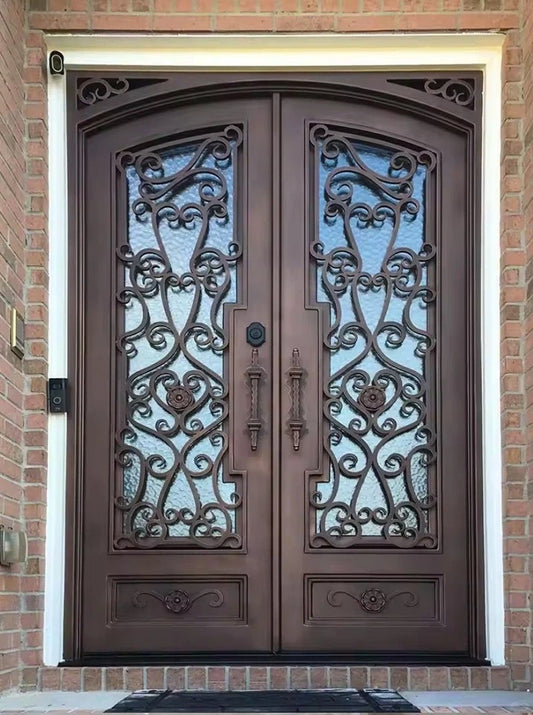 Black Rothnow wrought iron entrance door with decorative design, customized size, and sturdy front door construction.