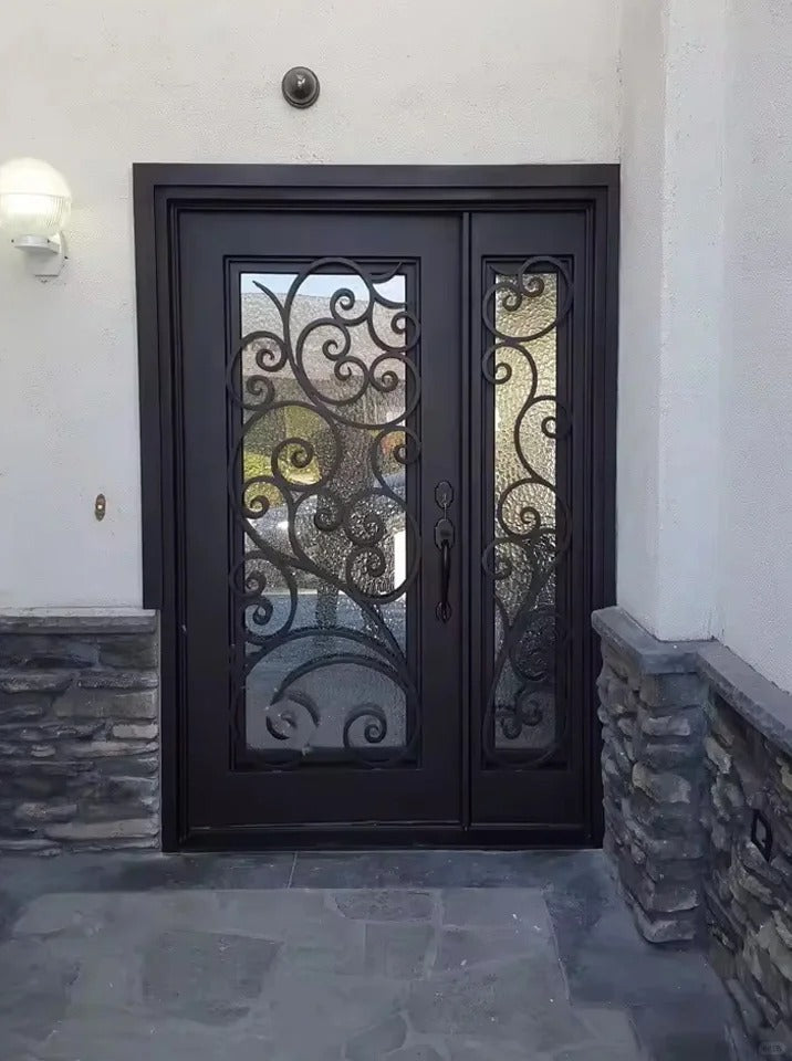 Black Rothnow wrought iron entrance door with decorative ironwork and custom size for front entryway.