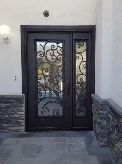 Black Rothnow wrought iron entrance door with decorative ironwork and custom size for front entryway.