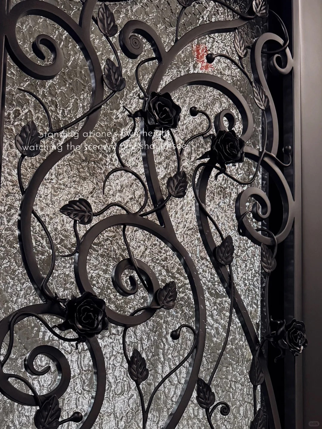 Black Rothnow wrought iron entrance door with decorative design, customized size, suitable for front entryways.